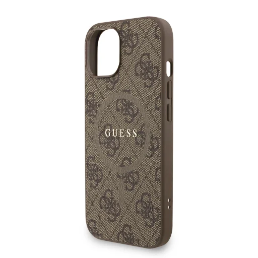 Guess PU Leather 4G Színezett Gyűrűs Pántos MagSafe iPhone 15 tok Barna - 4