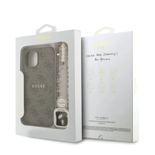 Guess PU Leather 4G Színezett Gyűrűs Pántos MagSafe iPhone 15 tok Barna - 7