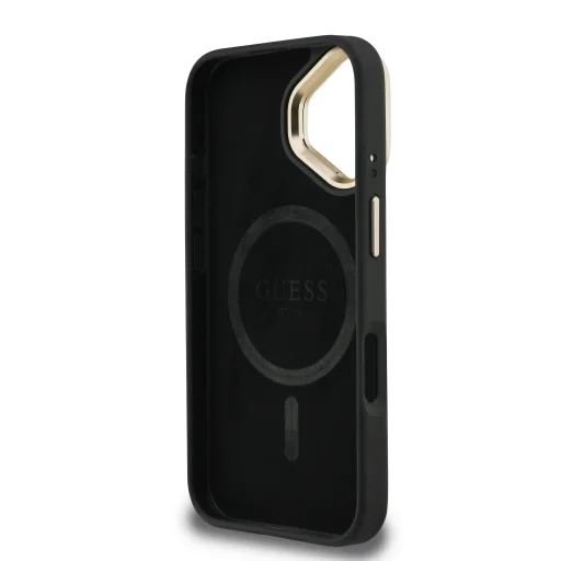  iPhone 16 Fekete Guess PU 4G Strass háromszög logós állvány kamera keret MagSafe tok - 6