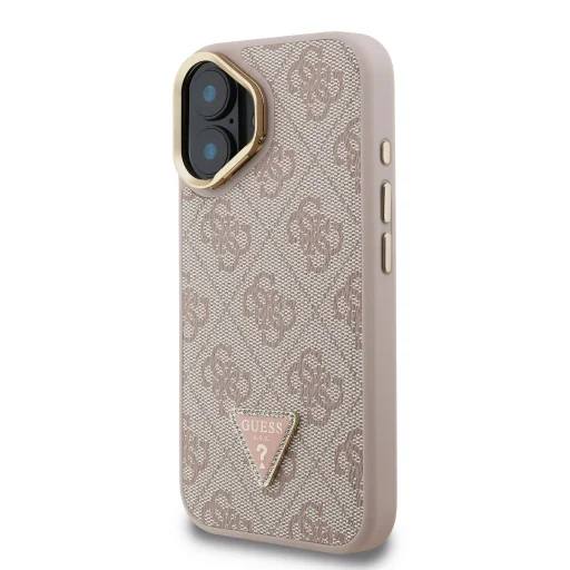  iPhone 16 Rózsaszín Guess PU 4G Strass Háromszög Logo Állvány Kamera Keretes MagSafe Tok - 2