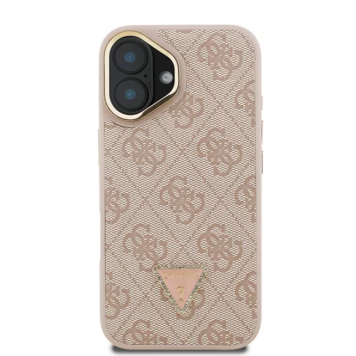 iPhone 16 Rózsaszín Guess PU 4G Strass Háromszög Logo Állvány Kamera Keretes MagSafe Tok - 3