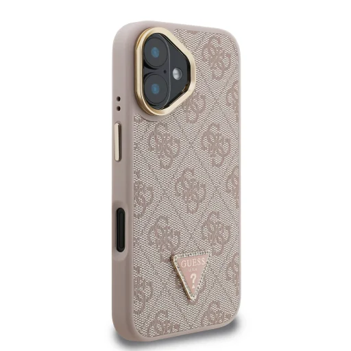  iPhone 16 Rózsaszín Guess PU 4G Strass Háromszög Logo Állvány Kamera Keretes MagSafe Tok - 4