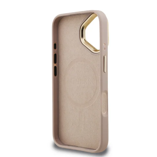  iPhone 16 Rózsaszín Guess PU 4G Strass Háromszög Logo Állvány Kamera Keretes MagSafe Tok - 6