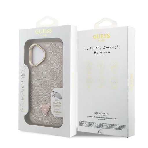  iPhone 16 Rózsaszín Guess PU 4G Strass Háromszög Logo Állvány Kamera Keretes MagSafe Tok - 7