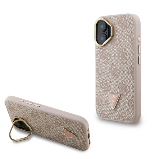  iPhone 16 Rózsaszín Guess PU 4G Strass Háromszög Logo Állvány Kamera Keretes MagSafe Tok - 1