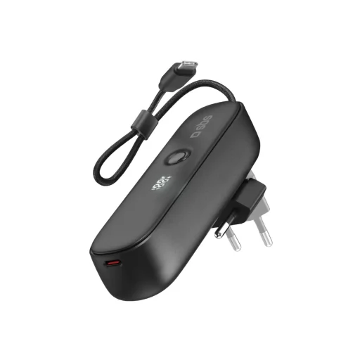 SBS Hybrid PD 20W 5000mAh Power Bank beépített kábellel és összecsukható dugóval - Fekete - 1