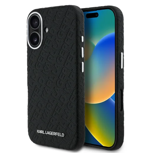  iPhone 16 Fekete Karl Lagerfeld Grained PU Repeated Logo MagSafe tok - 1