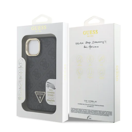  iPhone 13 Fekete Guess PU 4G Strass Triangle Logo Stand Camera Frame MagSafe tok - 7
