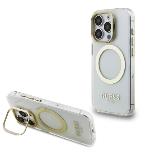 Guess IML Arany Kontúros Kitámasztós Kamera Keretes MagSafe tok iPhone 15 Pro Átlátszó - 1