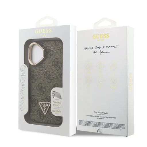  iPhone 16 Barna Guess PU 4G Strass Triangle Logo Stand Camera Frame MagSafe tok - 7