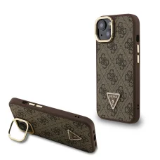  iPhone 13 Barna Guess PU 4G Strass Triangle Logós Állványos Kamera Keret MagSafe tok