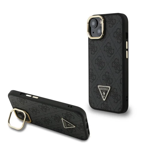  iPhone 13 Fekete Guess PU 4G Strass Triangle Logo Stand Camera Frame MagSafe tok - 1