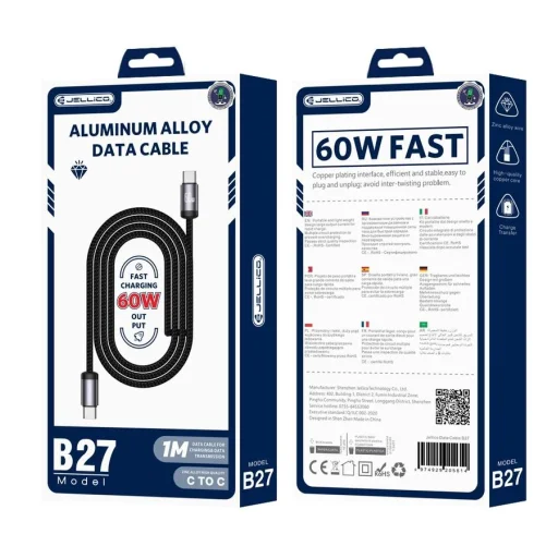 JELLICO kábel B27 USB-C - USB-C PD 60W 1M Fekete - 1