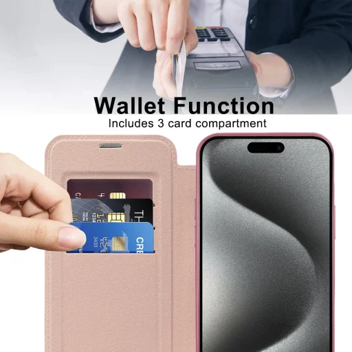  Techsuit - SmartMag Könyv Tok - iPhone 15 Pro - Rózsaszín tok - 5