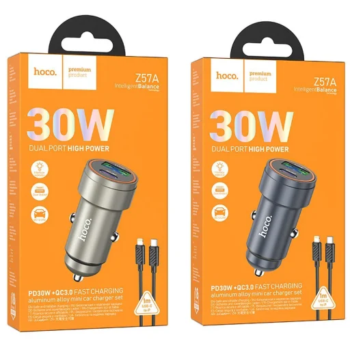 Autós töltő Hoco USB A + USB C QC3.0 PD 30W + kábel USB C-Lightning Z57A fekete - 7