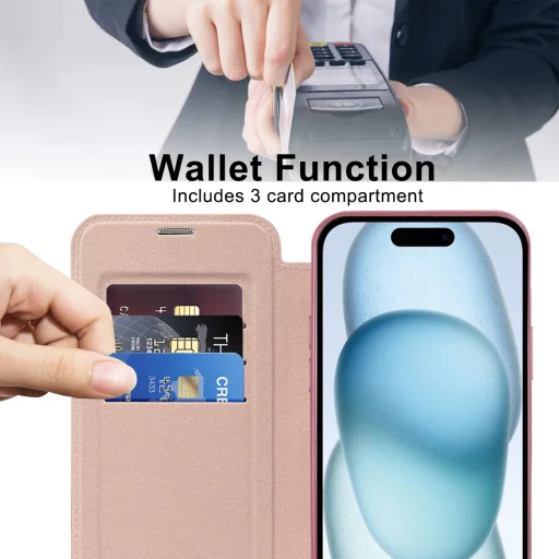  Techsuit - SmartMag Könyvtok - iPhone 15 - Rózsaszín tok - 5