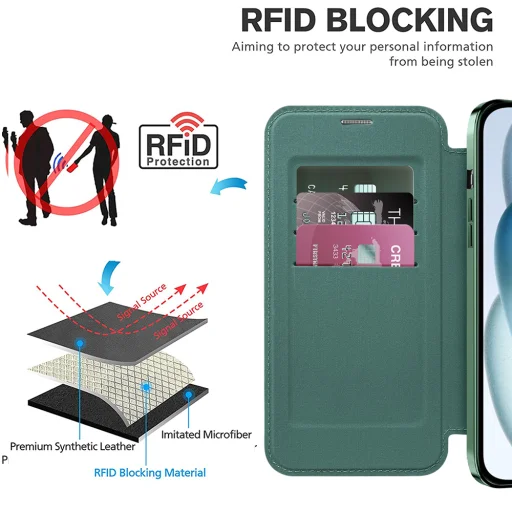  Techsuit - SmartMag Könyv Tok - iPhone 15 - Zöld tok - 4