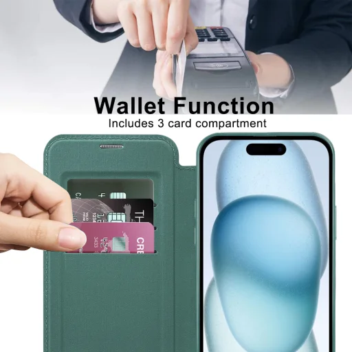  Techsuit - SmartMag Könyv Tok - iPhone 15 - Zöld tok - 5