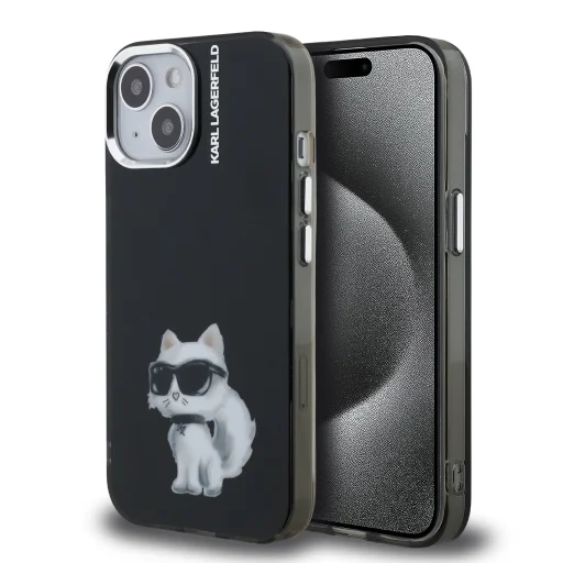  iPhone 15 Fekete Karl Lagerfeld IML Aquarelle Choupette tok - 1