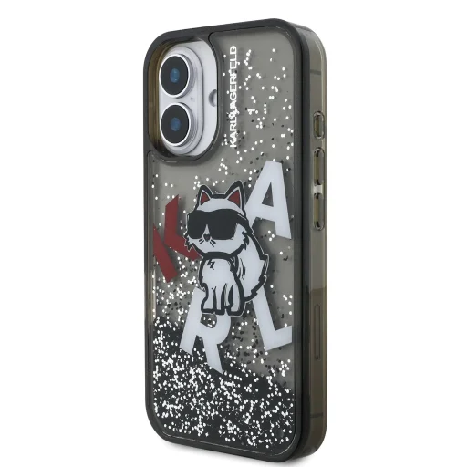  iPhone 16 fekete Karl Lagerfeld Liquid Glitter Scattered Choupette tok - 2