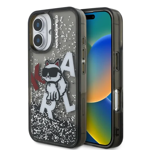  iPhone 16 fekete Karl Lagerfeld Liquid Glitter Scattered Choupette tok - 1