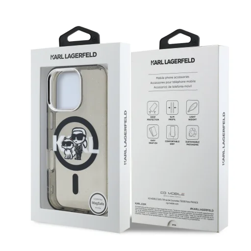  iPhone 16 Pro Max fekete Karl Lagerfeld IML Glitter Karl and Choupette Sketch MagSafe tok - 7