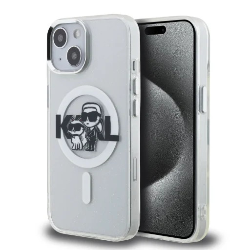  iPhone 15 átlátszó tok Karl Lagerfeld IML Glitter Karl and Choupette Sketch MagSafe tok - 1