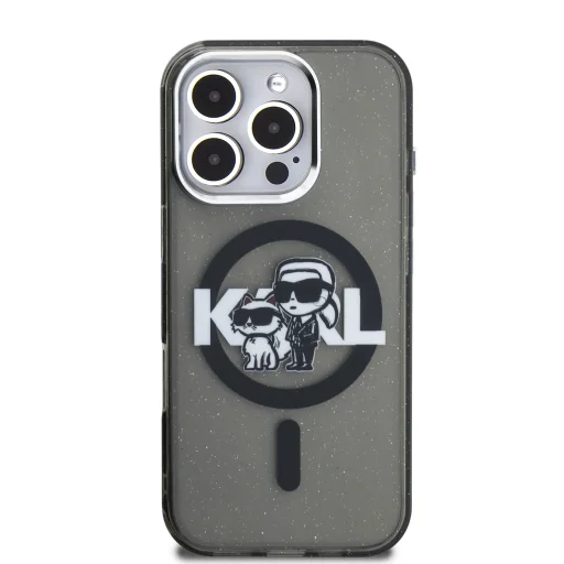  iPhone 16 Pro Max fekete Karl Lagerfeld IML Glitter Karl and Choupette Sketch MagSafe tok - 3