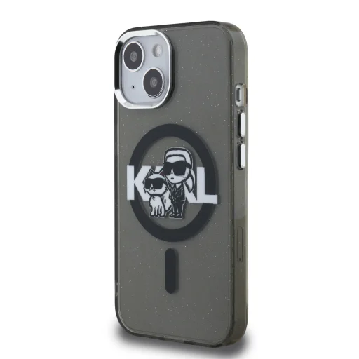 iPhone 15 Fekete Karl Lagerfeld IML Glitter Karl és Choupette Sketch MagSafe tok - 2