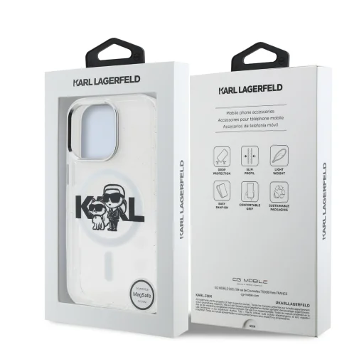  iPhone 15 Pro Max átlátszó Karl Lagerfeld IML Glitter Karl and Choupette Sketch MagSafe tok - 7