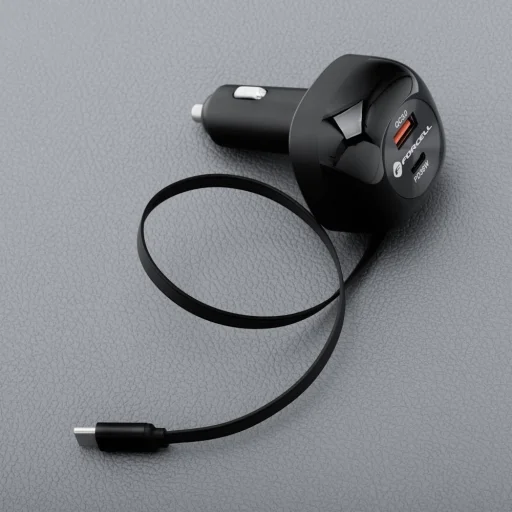 FORCELL F-ENERGY Alu autós töltő visszahúzható kábellel Type C és Type C + USB A aljzatokkal PD QC4.0 SFC2.0 3A 75W fekete - 4