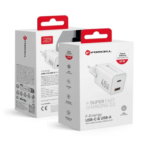 FORCELL F-ENERGY Mini GaN III VT-36 utazó töltő 1 x Type C + 1x USB A aljzattal, PD QC4.0 45W fehér - 2