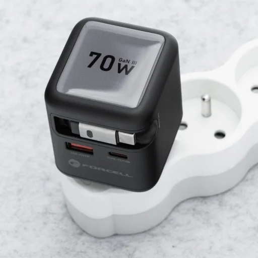 FORCELL F-ENERGY GaN III VT-R7 utazótöltő visszahúzható kábellel, 1x USB-C és 1x USB-A töltőporttal PD QC4.0 3A 70W szürke - 7