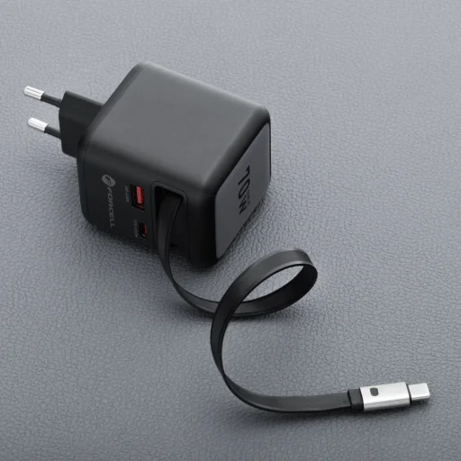 FORCELL F-ENERGY GaN III VT-R7 utazótöltő visszahúzható kábellel, 1x USB-C és 1x USB-A töltőporttal PD QC4.0 3A 70W szürke - 8