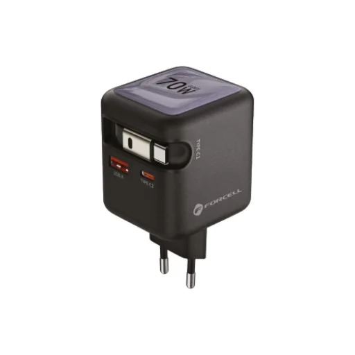 FORCELL F-ENERGY GaN III VT-R7 utazótöltő visszahúzható kábellel, 1x USB-C és 1x USB-A töltőporttal PD QC4.0 3A 70W szürke - 3