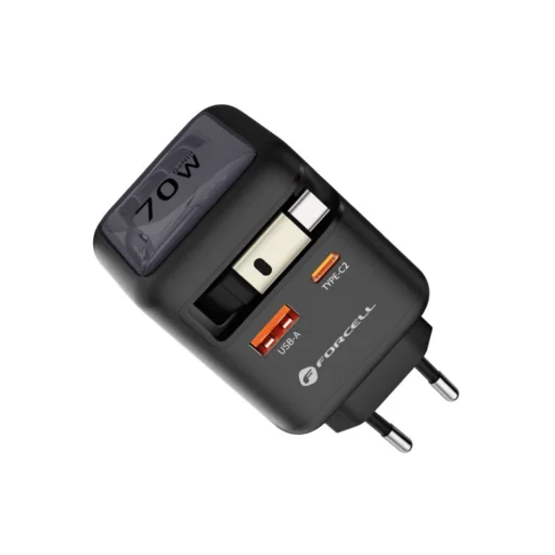 FORCELL F-ENERGY GaN III VT-R7 utazótöltő visszahúzható kábellel, 1x USB-C és 1x USB-A töltőporttal PD QC4.0 3A 70W szürke - 1