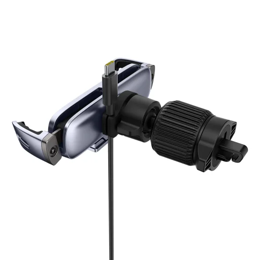 Baseus - Autós tartó (C40483401813-00) - Telefonhoz/Tablethez, bőr hatású borítás, kihúzható karok, automatikus rögzítés - Fekete Ezüst - 2