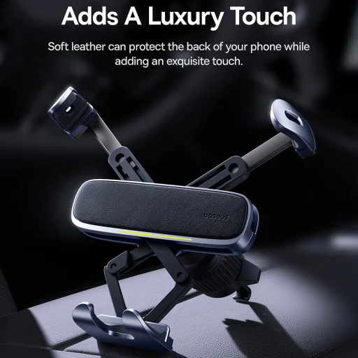Baseus - Autós tartó (C40483401813-00) - Telefonhoz/Tablethez, bőr hatású borítás, kihúzható karok, automatikus rögzítés - Fekete Ezüst - 4