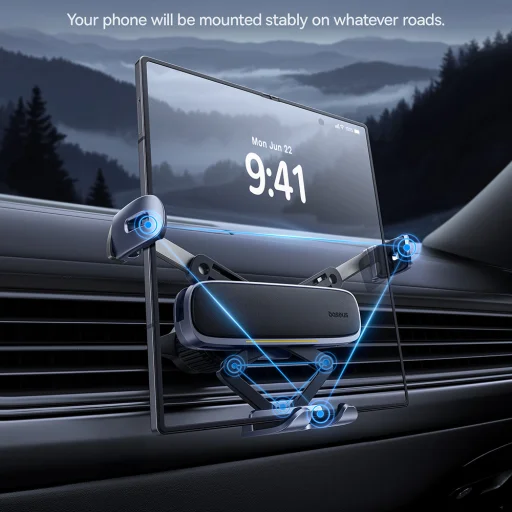 Baseus - Autós tartó (C40483401813-00) - Telefonhoz/Tablethez, bőr hatású borítás, kihúzható karok, automatikus rögzítés - Fekete Ezüst - 5