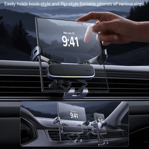 Baseus - Autós tartó (C40483401813-00) - Telefonhoz/Tablethez, bőr hatású borítás, kihúzható karok, automatikus rögzítés - Fekete Ezüst - 8