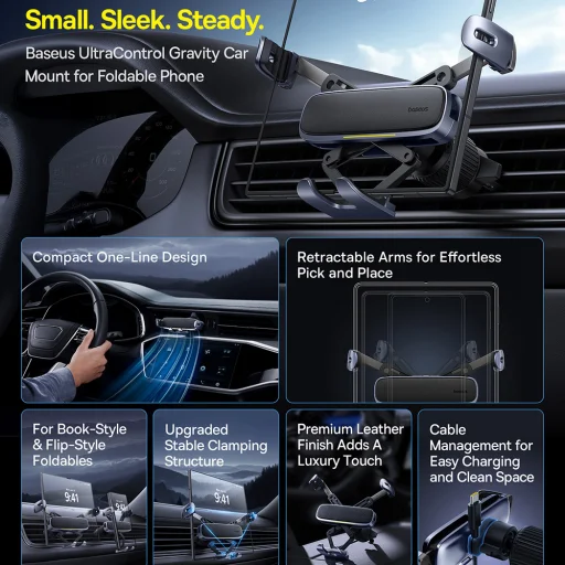Baseus - Autós tartó (C40483401813-00) - Telefonhoz/Tablethez, bőr hatású borítás, kihúzható karok, automatikus rögzítés - Fekete Ezüst - 9