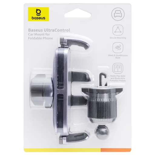 Baseus - Autós tartó (C40483401813-00) - Telefonhoz/Tablethez, bőr hatású borítás, kihúzható karok, automatikus rögzítés - Fekete Ezüst - 10