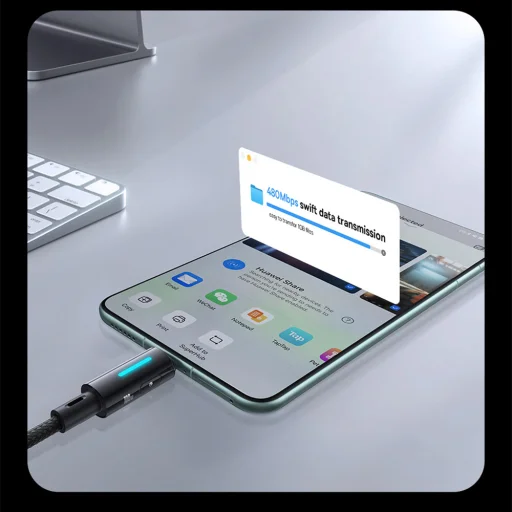 Baseus - Data Cable Lit (P10379002121-01) - USB-ről C típusú csatlakozóra, 100W, gyorstöltés, világítás, gombvezérlés, 2m - Kozmikus fekete - 7