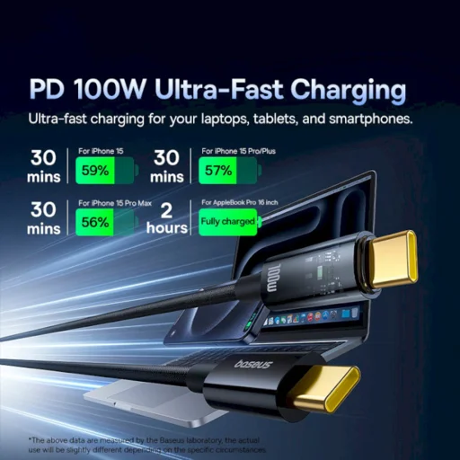 Baseus - Data Cable Explorer (P10319703111-00) - Type-C, Gyors Töltés, 100W, Automatikus Kikapcsolás, Nejlon, 1m - Fekete Színű - 3