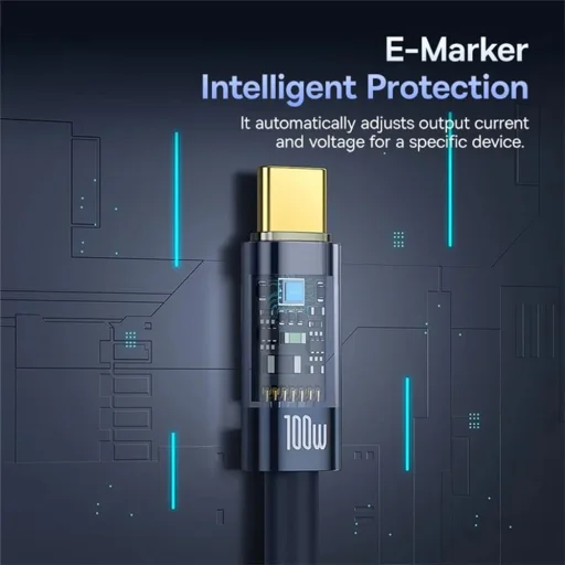 Baseus - Explorer adatkábel (P10319704321-00) - Type-C, gyors töltés, 100W, automatikus leállítással, nejlon, 1m - Mélytengeri kék - 4