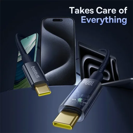 Baseus - Explorer adatkábel (P10319704321-00) - Type-C, gyors töltés, 100W, automatikus leállítással, nejlon, 1m - Mélytengeri kék - 6