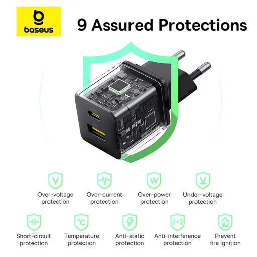 Baseus - Fali Töltő Palm (P1011160A113-00) - Gyors Töltés, 2 az 1-ben, USB, Type-C, 30W - Fekete - 6