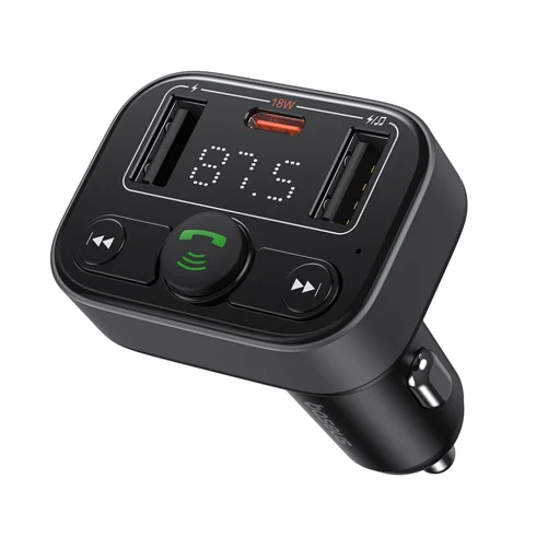 Baseus FM Transmitter S-09 Lite autós töltő - Bluetooth 5.0, USB, USB-C, Kijelző, PD18W - Fekete Színben (C10762300113-00)  - 5