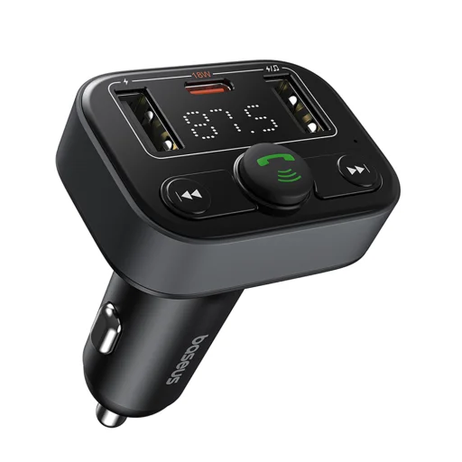 Baseus FM Transmitter S-09 Lite autós töltő - Bluetooth 5.0, USB, USB-C, Kijelző, PD18W - Fekete Színben (C10762300113-00)  - 1
