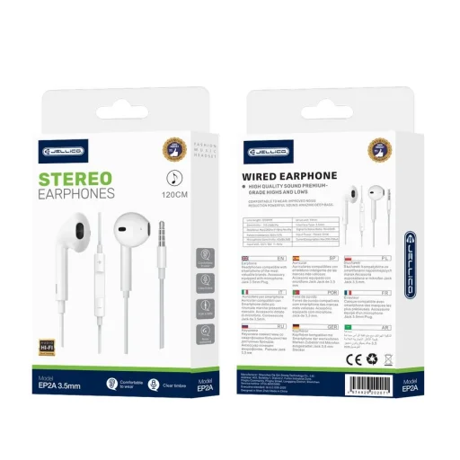 JELLICO vezetékes fülhallgató EP2A JACK 3.5MM mikrofonnal 1.2M Fehér - 1